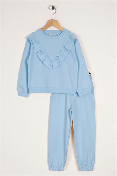  Bisiklet Yaka Uzun Kol Fırfır Detaylı Mavi Renk Kız Çocuk İkili Takım