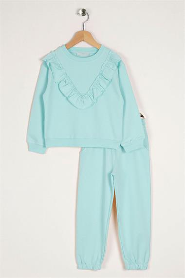 Bisiklet Yaka Uzun Kol Fırfır Detaylı Mint Renk Kız Çocuk İkili Takım