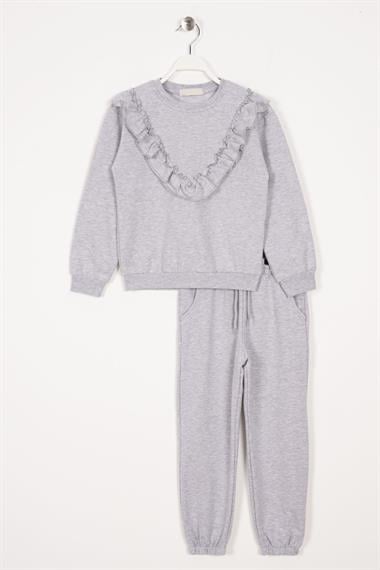  Bisiklet Yaka Uzun Kol Fırfır Detaylı Gri Renk Kız Çocuk İkili Takım