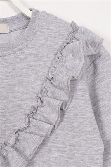  Bisiklet Yaka Uzun Kol Fırfır Detaylı Gri Renk Kız Çocuk İkili Takım