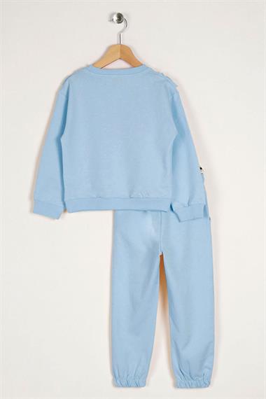  Bisiklet Yaka Uzun Kol Fırfır Detaylı Mavi Renk Kız Çocuk İkili Takım