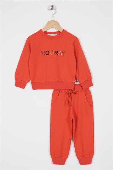 Bisiklet Yaka Uzun Kol Hooray Baskılı Kiremit Renk Erkek Çocuk İkili Takım