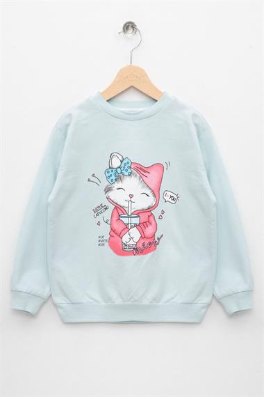 Bisiklet Yaka Uzun Kol Kedi Baskılı Su Yeşil Renk Kız Çocuk Sweatshirt