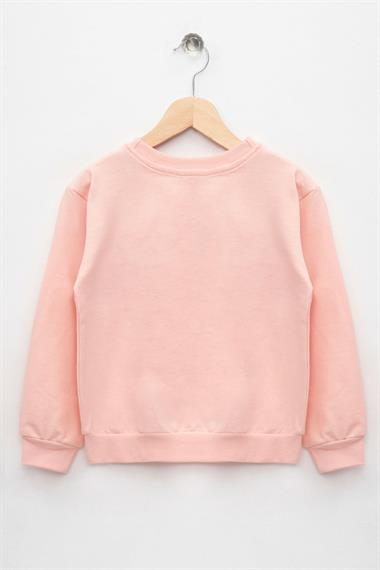 Bisiklet Yaka Uzun Kol Kedi Baskılı Acik Somon Renk Kız Çocuk Sweatshirt