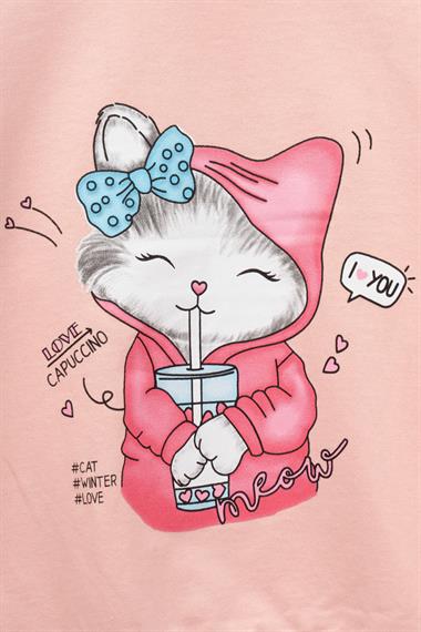 Bisiklet Yaka Uzun Kol Kedi Baskılı Acik Somon Renk Kız Çocuk Sweatshirt