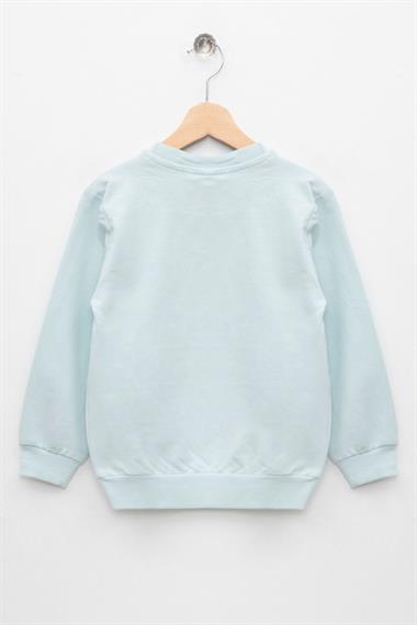 Bisiklet Yaka Uzun Kol Kedi Baskılı Su Yeşil Renk Kız Çocuk Sweatshirt