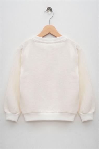 Bisiklet Yaka Uzun Kol Kedi Baskılı Ekru Renk Kız Çocuk Sweatshirt