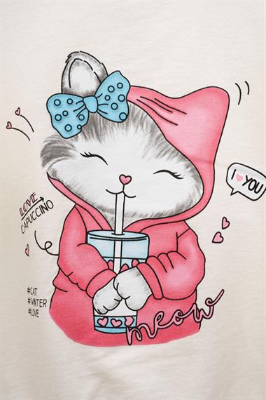 Bisiklet Yaka Uzun Kol Kedi Baskılı Ekru Renk Kız Çocuk Sweatshirt