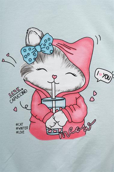 Bisiklet Yaka Uzun Kol Kedi Baskılı Su Yeşil Renk Kız Çocuk Sweatshirt