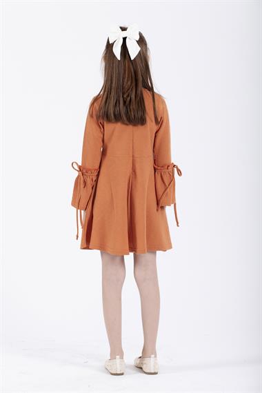 Bisiklet Yaka Uzun Kol Kiremit Renk Kız Çocuk Elbıse