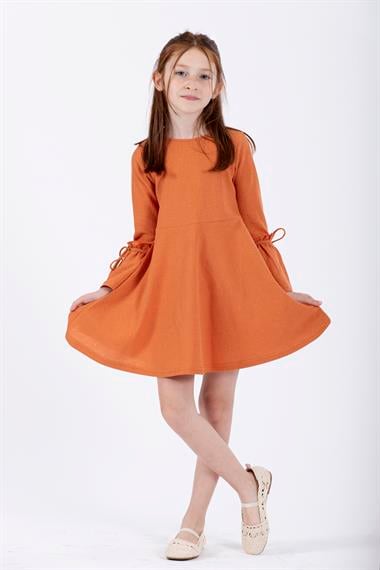 Bisiklet Yaka Uzun Kol Kiremit Renk Kız Çocuk Elbıse