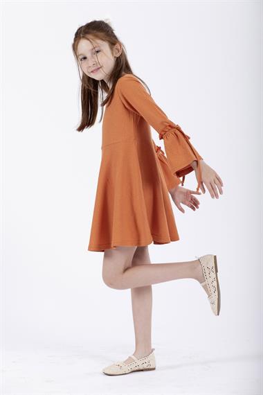 Bisiklet Yaka Uzun Kol Kiremit Renk Kız Çocuk Elbıse