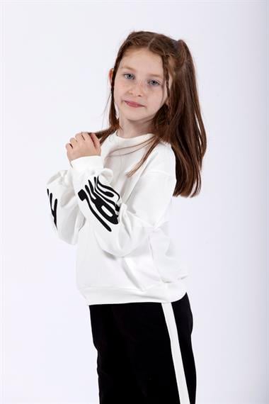 Bisiklet Yaka Uzun Kol Kolları Happy Girl Baskılı Ekru Renk Kız Çocuk İkili Takım