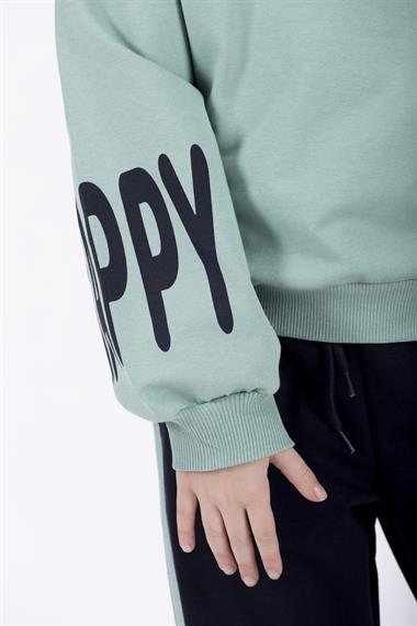 Bisiklet Yaka Uzun Kol Kolları Happy Girl Baskılı Mint Renk Kız Çocuk İkili Takım