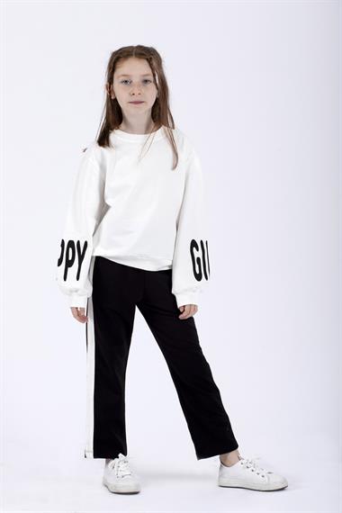 Bisiklet Yaka Uzun Kol Kolları Happy Girl Baskılı Ekru Renk Kız Çocuk İkili Takım