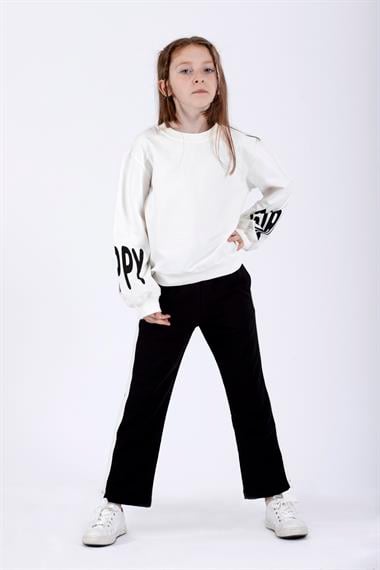 Bisiklet Yaka Uzun Kol Kolları Happy Girl Baskılı Ekru Renk Kız Çocuk İkili Takım