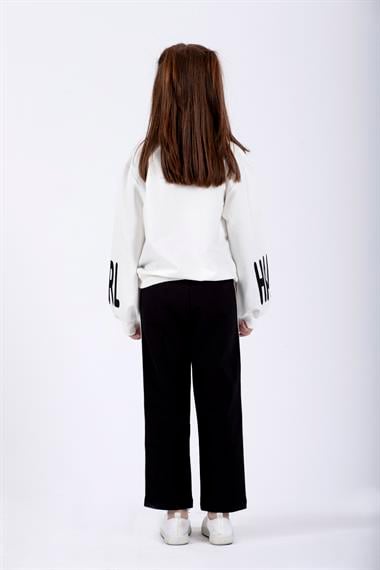 Bisiklet Yaka Uzun Kol Kolları Happy Girl Baskılı Ekru Renk Kız Çocuk İkili Takım