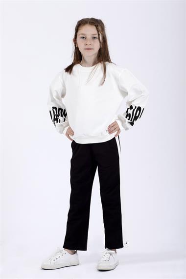 Bisiklet Yaka Uzun Kol Kolları Happy Girl Baskılı Ekru Renk Kız Çocuk İkili Takım