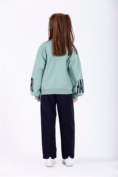 Bisiklet Yaka Uzun Kol Kolları Happy Girl Baskılı Mint Renk Kız Çocuk İkili Takım