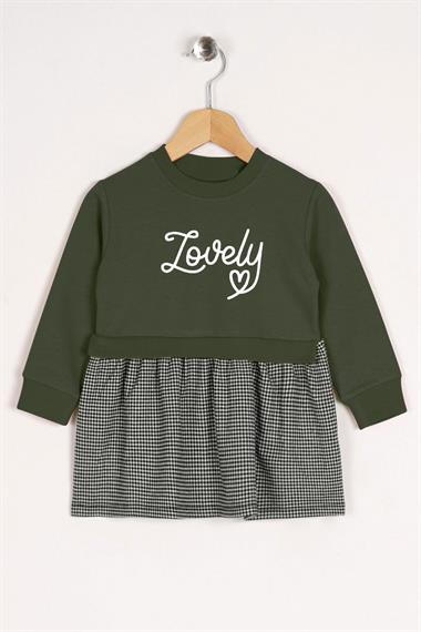 Bisiklet Yaka Uzun Kol Lovely Baskılı Eteği Ekose Haki Renk Kız Çocuk Elbise