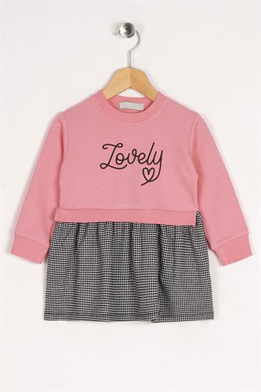 Bisiklet Yaka Uzun Kol Lovely Baskılı Eteği Ekose Somon Siyah Renk Kız Çocuk Elbise