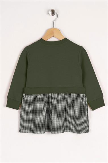 Bisiklet Yaka Uzun Kol Lovely Baskılı Eteği Ekose Haki Renk Kız Çocuk Elbise