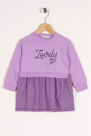 Bisiklet Yaka Uzun Kol Lovely Baskılı Eteği Ekose Lila Mor Renk Kız Çocuk Elbise