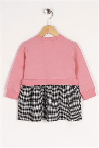 Bisiklet Yaka Uzun Kol Lovely Baskılı Eteği Ekose Somon Siyah Renk Kız Çocuk Elbise