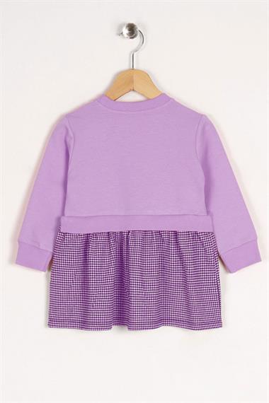 Bisiklet Yaka Uzun Kol Lovely Baskılı Eteği Ekose Lila Mor Renk Kız Çocuk Elbise