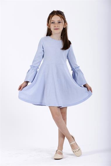 Bisiklet Yaka Uzun Kol Mavi Renk Kız Çocuk Elbıse