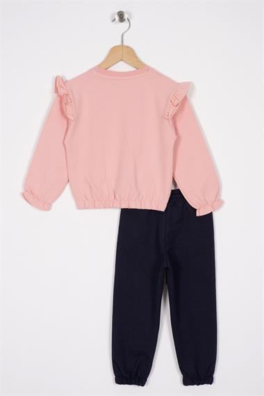 Bisiklet Yaka Uzun Kol Pantolonu Dikiş Detaylı Somon Lacıvert Renk Kız Cocuk Esofman Takım