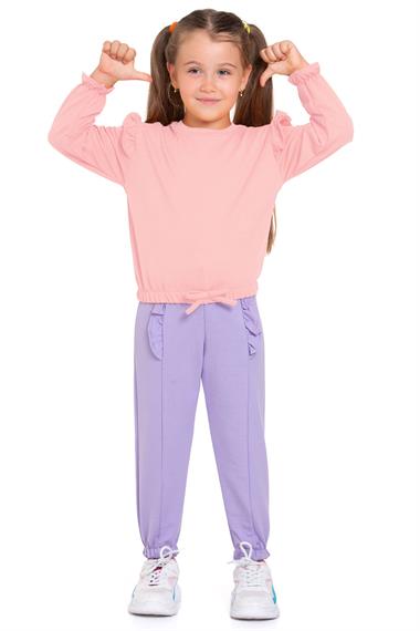 Bisiklet Yaka Uzun Kol Pantolonu Dikiş Detaylı Somon Lıla Renk Kız Cocuk Esofman Takım