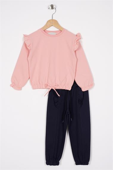 Bisiklet Yaka Uzun Kol Pantolonu Dikiş Detaylı Somon Lacıvert Renk Kız Cocuk Esofman Takım