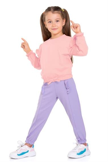 Bisiklet Yaka Uzun Kol Pantolonu Dikiş Detaylı Somon Lıla Renk Kız Cocuk Esofman Takım