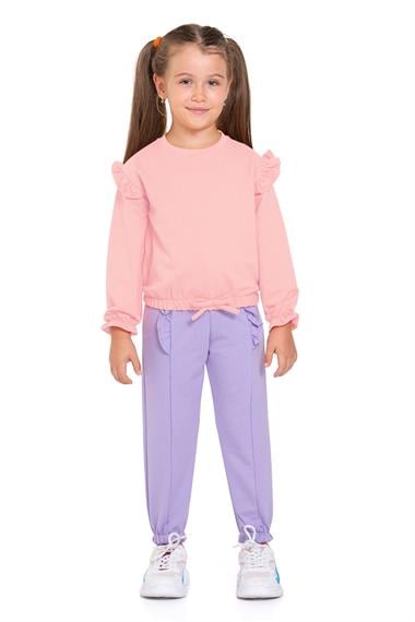 Bisiklet Yaka Uzun Kol Pantolonu Dikiş Detaylı Somon Lıla Renk Kız Cocuk Esofman Takım