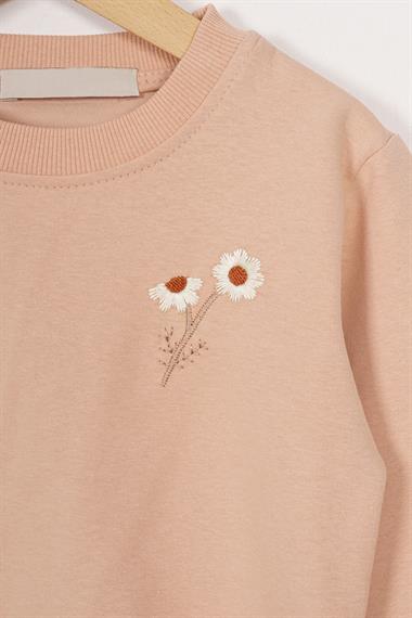 Bisiklet Yaka Uzun Kol Papatya Nakışlı Bej Renk Kız Çocuk Eşofman Takım