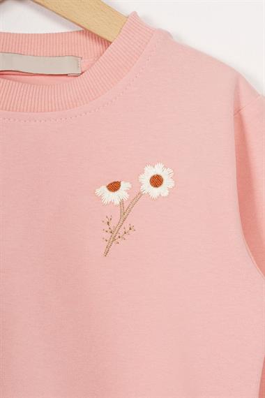 Bisiklet Yaka Uzun Kol Papatya Nakışlı Pudra Renk Kız Çocuk Eşofman Takım