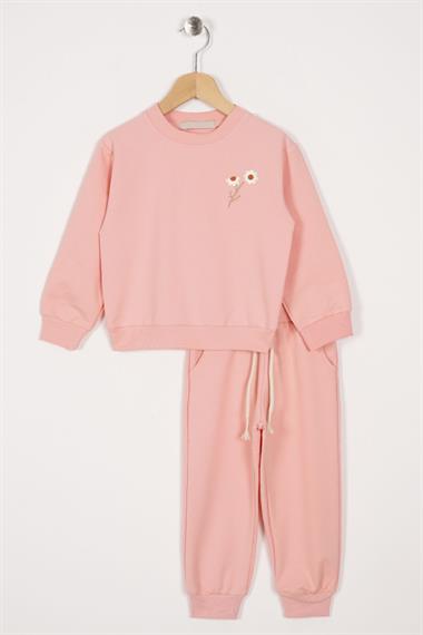 Bisiklet Yaka Uzun Kol Papatya Nakışlı Pudra Renk Kız Çocuk Eşofman Takım