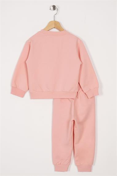 Bisiklet Yaka Uzun Kol Papatya Nakışlı Pudra Renk Kız Çocuk Eşofman Takım