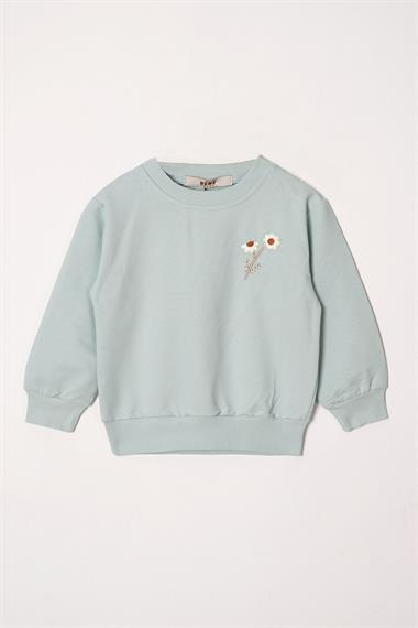 Bisiklet Yaka Uzun Kol Papatya Nakışlı Çağla Yeşili  Renk Kız Çocuk Eşofman Takım