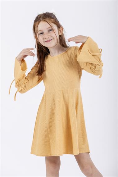 Bisiklet Yaka Uzun Kol Sari Renk Kız Çocuk Elbıse