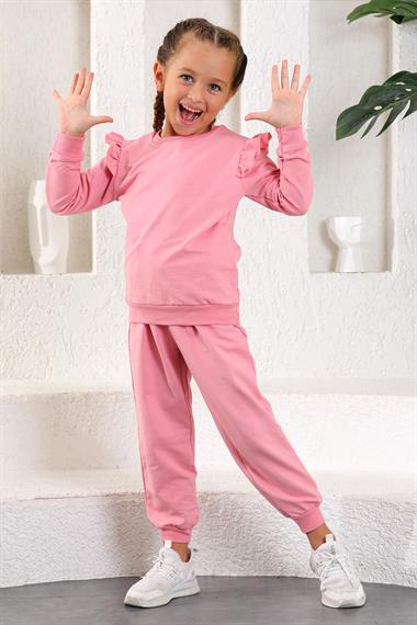 Bisiklet Yaka Uzun Kol Somon Renk Kız Çocuk Esofman Takım