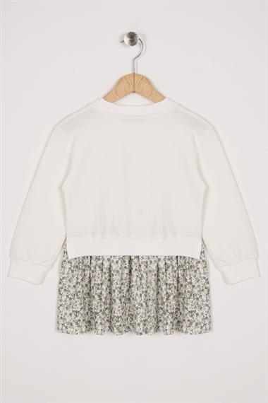 Bisiklet Yaka Uzun Kol Tavsan Baskılı Ekru Renk Kız Çocuk Etekli Takım
