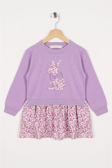 Bisiklet Yaka Uzun Kol Tavsan Baskılı Lila Renk Kız Çocuk Etekli Takım
