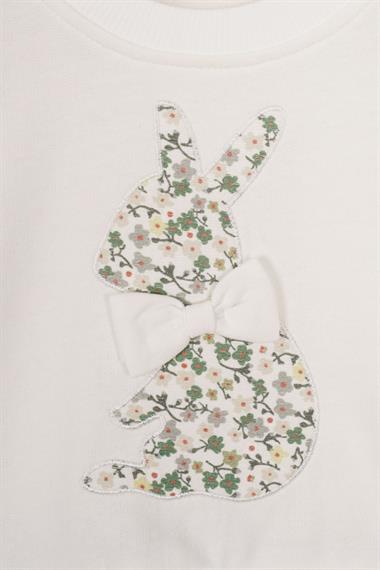 Bisiklet Yaka Uzun Kol Tavsan Baskılı Ekru Renk Kız Çocuk Etekli Takım