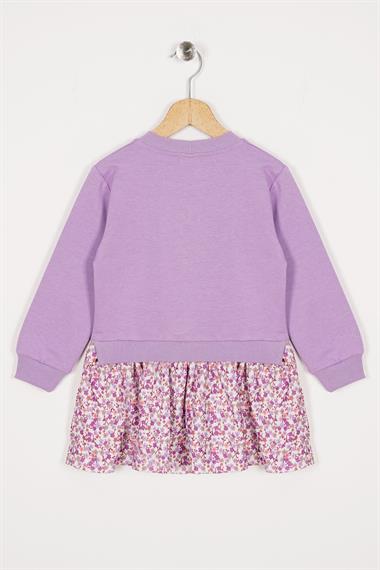 Bisiklet Yaka Uzun Kol Tavsan Baskılı Lila Renk Kız Çocuk Etekli Takım