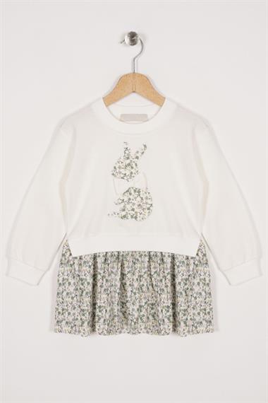 Bisiklet Yaka Uzun Kol Tavsan Baskılı Ekru Renk Kız Çocuk Etekli Takım