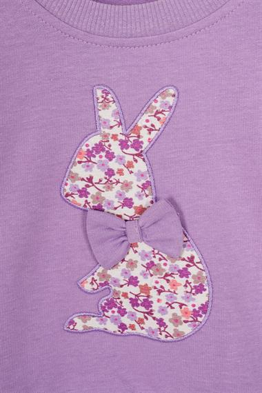 Bisiklet Yaka Uzun Kol Tavsan Baskılı Lila Renk Kız Çocuk Etekli Takım