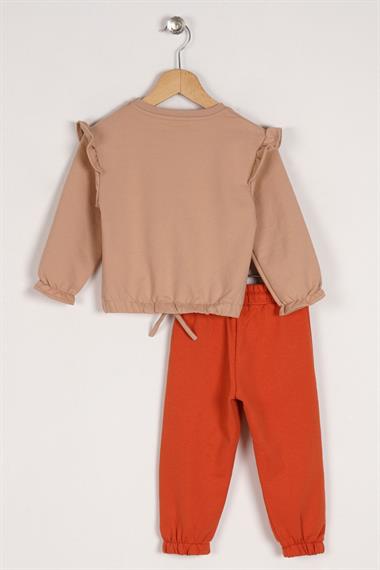 Bisiklet Yaka Uzun Kol Pantolonu Dikiş Detaylı Bej Renk Kız Çocuk Esofman Takım