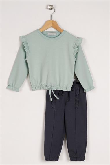 Bisiklet Yaka Uzun Kol Pantolonu Dikiş Detaylı Mint Füme Renk Kız Çocuk Esofman Takım